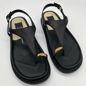 Dolce Vita Black Leather Thong Sandals with Gold Accent Ring- women’s 8